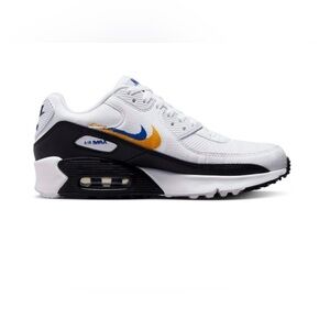 Nike Kids White and Black Air Max Sneaker with Blue and Gold Swoosh